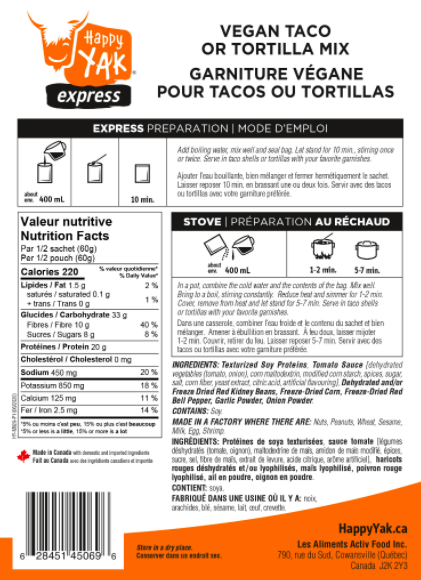 Happy Yak Vegan Taco or Tortilla Mix